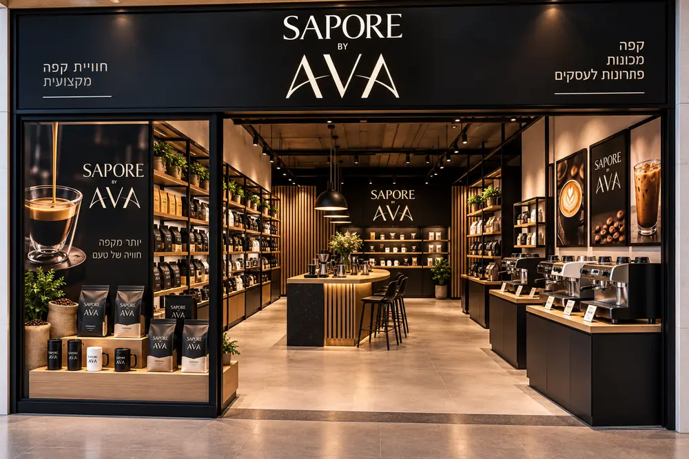 הדמיה של חזית סניף ספורה: שלט שחור עם הלוגו SAPORE by AVA, מדפי פולים, עמדת קפה מעץ ומכונות אספרסו
