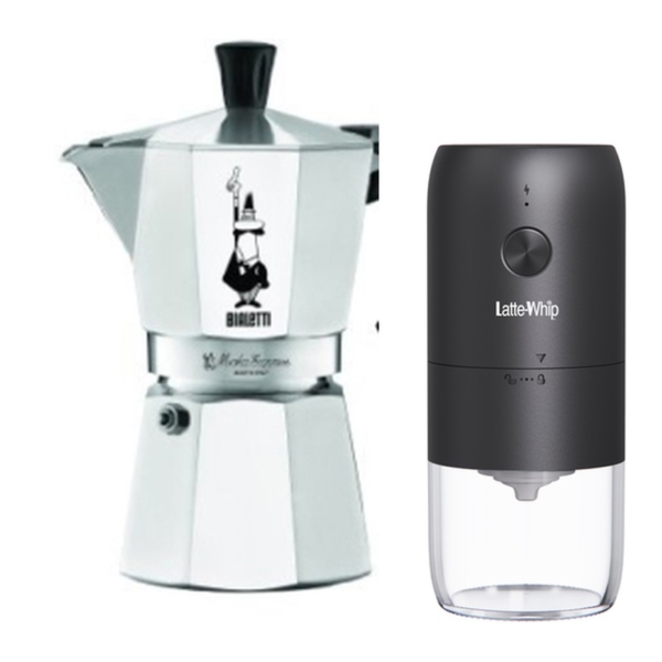 מארז מקינטה 3 כוסות Bialetti + מטחנת Latte Whip נטענת + 250 גרם פולי קפה